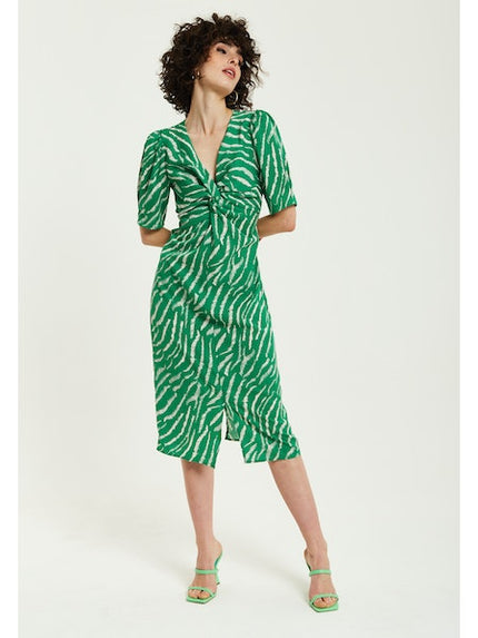 Liquorish Green Zebra Prin Knot Front Midi Dress With Short Sleeves-Liquorish-Urbanheer