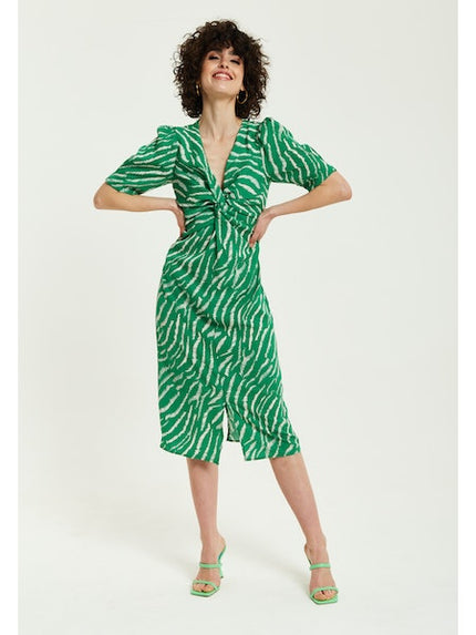 Liquorish Green Zebra Prin Knot Front Midi Dress With Short Sleeves-Liquorish-Urbanheer