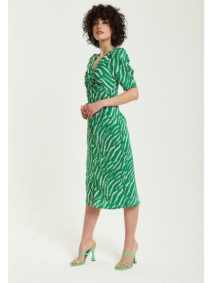 Liquorish Green Zebra Prin Knot Front Midi Dress With Short Sleeves-Liquorish-Urbanheer