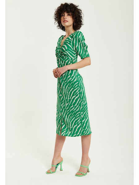 Liquorish Green Zebra Prin Knot Front Midi Dress With Short Sleeves-Liquorish-Urbanheer