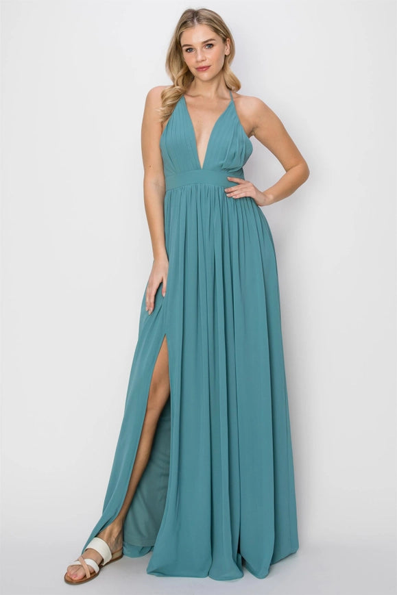 SLEEVELESS Double Strap Slit Maxi Dress D.TURQUOISE-Dress-HYFVE-Urbanheer