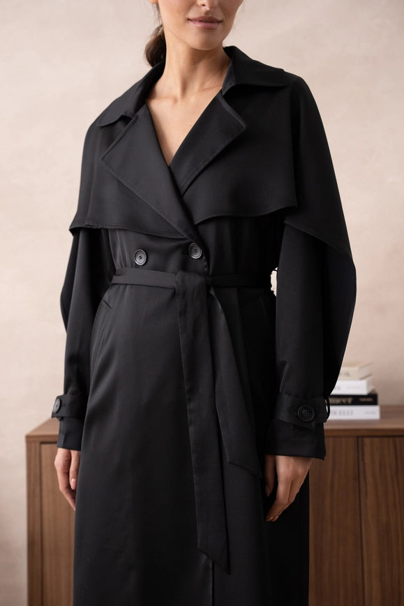 Long Satin Trench Coat with Belt Black-COAT-Attentif Paris-Urbanheer