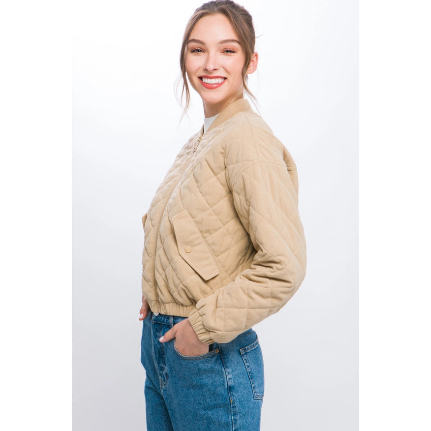 Diagonal Quilt Cropped Sherpa Arm Zip Up Jacket Khaki-Jacket-Pink Irene Wholesale-Urbanheer