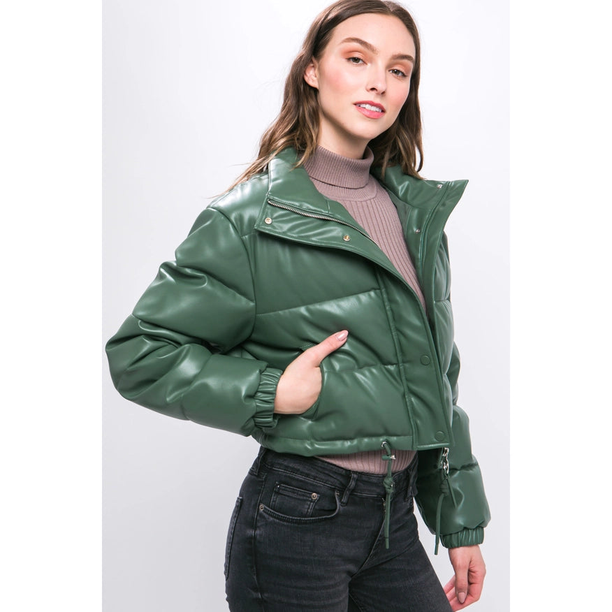 Faux Leather Puffer Jacket Green-Jacket-Faith Apparel-Urbanheer