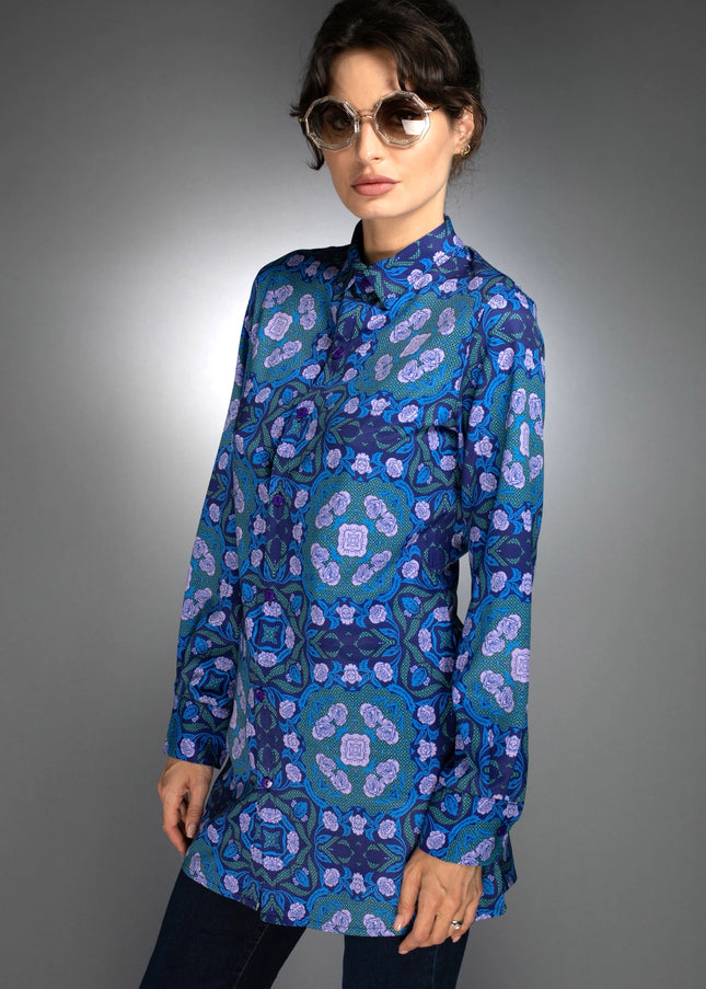 Floral Geometric Shape Long Shirt Roses Cobalt Blue / Lilac-Nuvula-Urbanheer