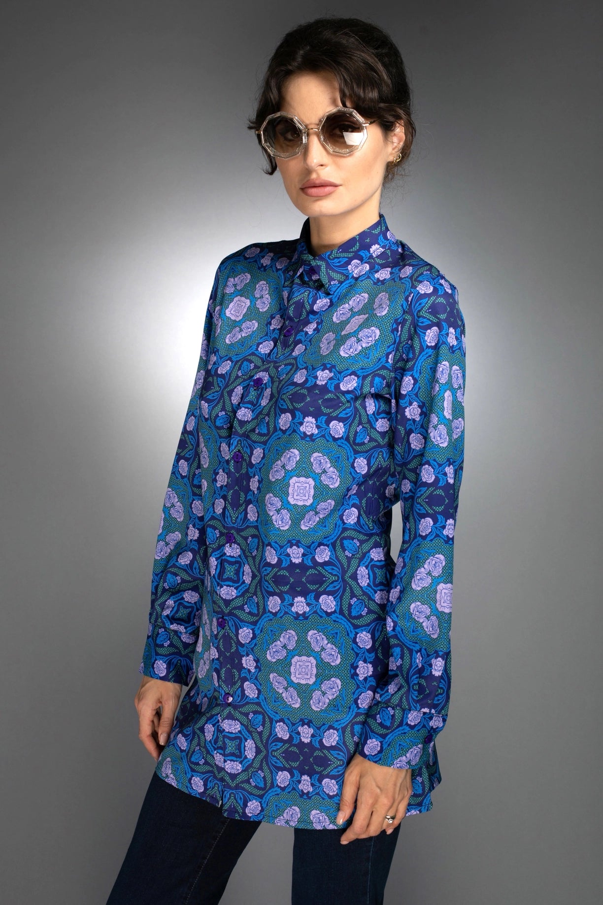 Floral Geometric Shape Long Shirt Roses Cobalt Blue / Lilac-Nuvula-Urbanheer