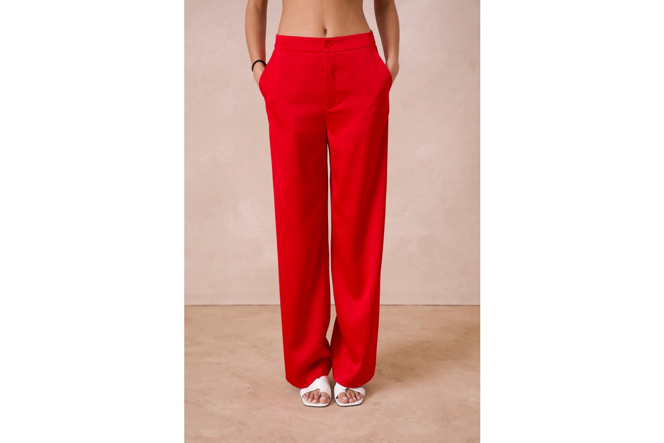 Satin Straight Cut Pants Red-Pants-Attentif Paris-S-Urbanheer