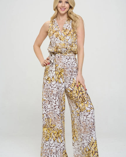 Made in USA Print V Neck Sleeveless Jumpsuit with Tie Multi-Colored-Jumpsuit-Renee C.-Urbanheer