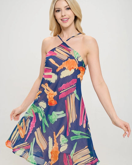 Print Halter Neck Swing Dress Navy-Dress-Renee C.-Navy-S-Urbanheer