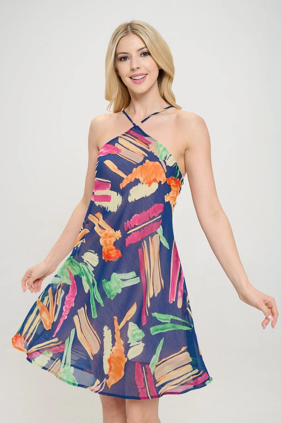 Print Halter Neck Swing Dress Navy-Dress-Renee C.-Navy-S-Urbanheer