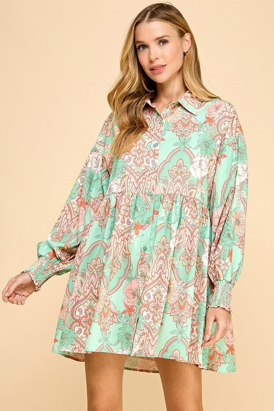 Abstract Print Button Down Shirt Dress