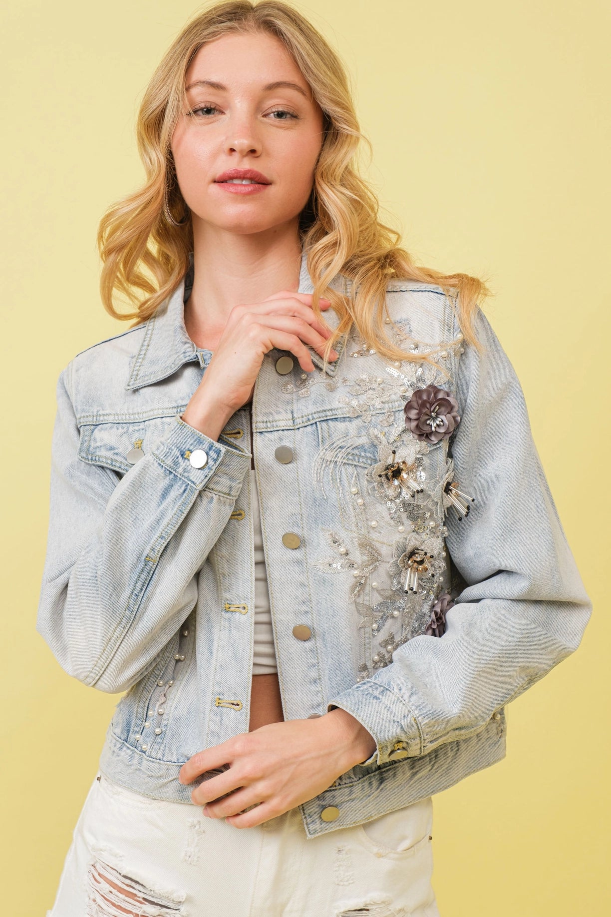 Garment Wash Flower Embellished Denim Jacket-Jacket-Blue B-Urbanheer