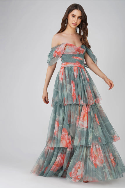 Sydney Tulle Maxi Dress in Sage Green Floral