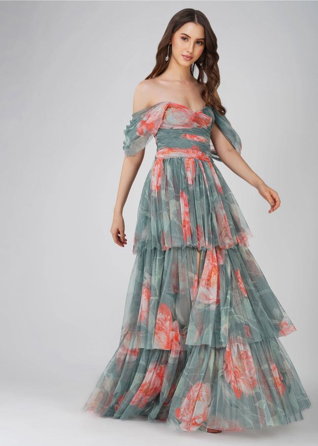 Sydney Tulle Maxi Dress in Sage Green Floral