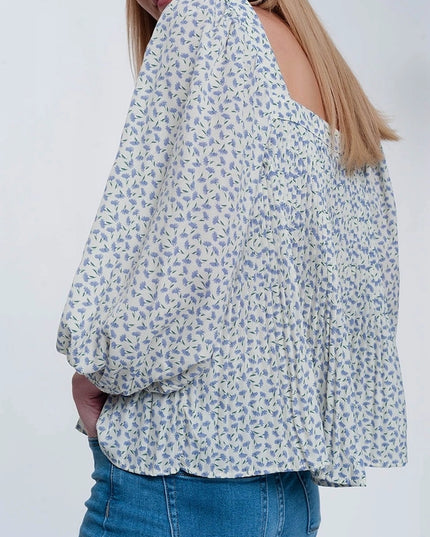 Puff Sleeve Top with Square Neck in Blue Floral Print-Top-Q2-S-Urbanheer