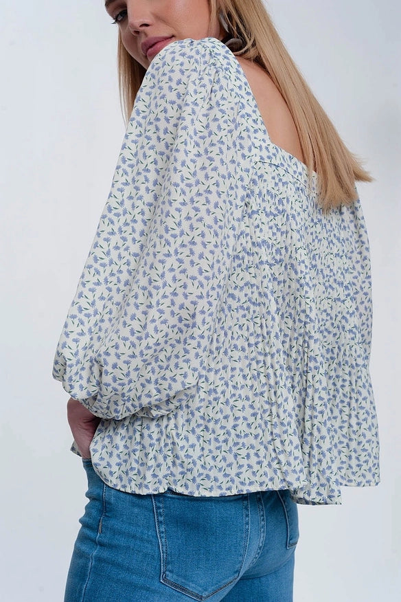 Puff Sleeve Top with Square Neck in Blue Floral Print-Top-Q2-S-Urbanheer