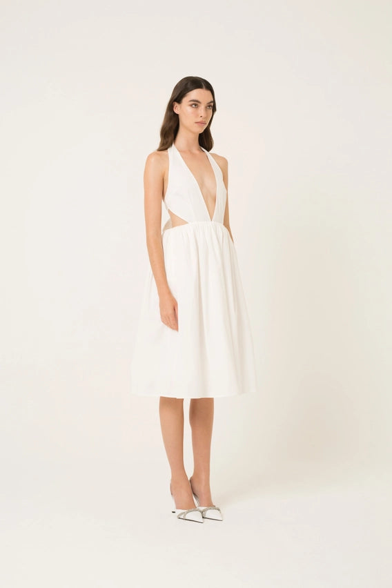 Marilyn Plunge Neck Cotton Halter Midi Dress-Dress-Amy Lynn-Urbanheer