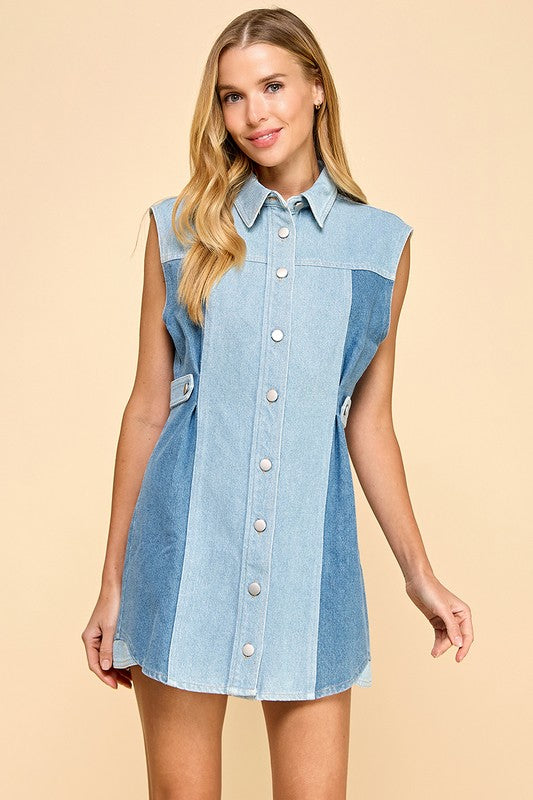 Two Toned Denim Sleeveless Button Up Dress