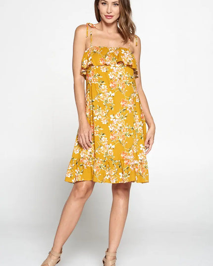 Floral Print Dress With Knot Strap And Ruffle-Renee C.-S-Urbanheer