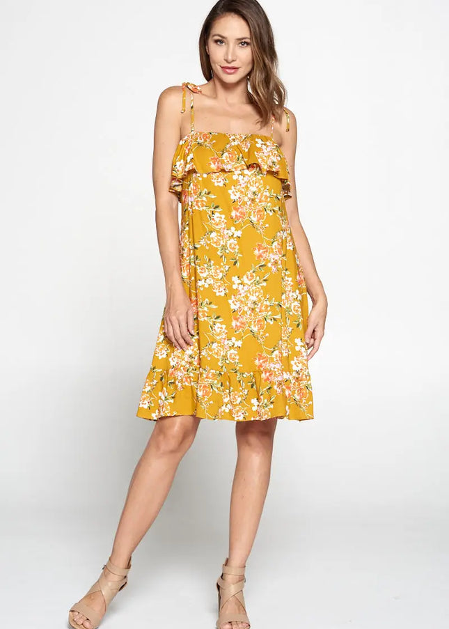 Floral Print Dress With Knot Strap And Ruffle-Renee C.-S-Urbanheer