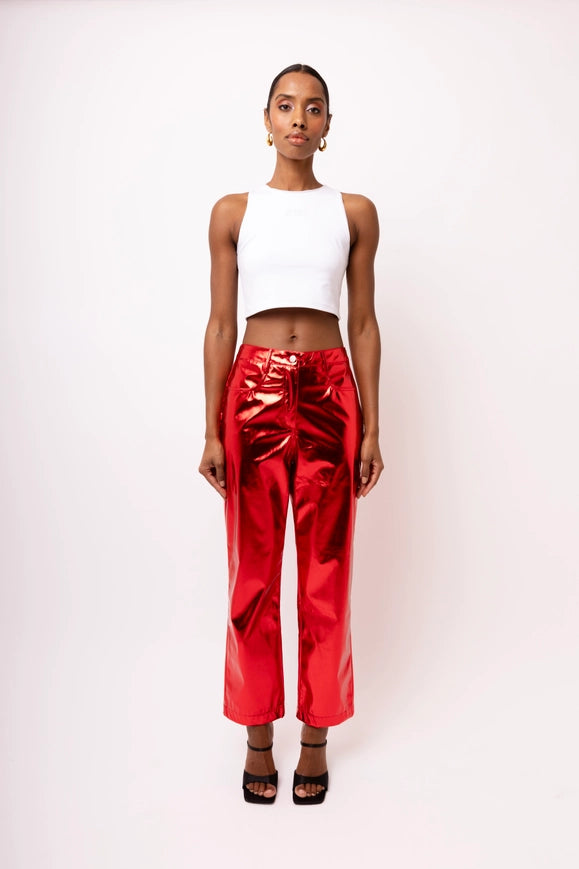 Lupe Straight Faux Leather Metallic Pants RED-Pants-Amy Lynn-Urbanheer