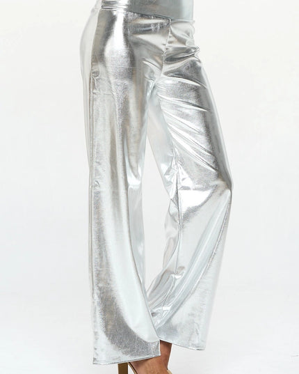 Made in USA Metallic Wide Leg Pants with Thick Waistband SILVER-Pants-Renee C.-Urbanheer