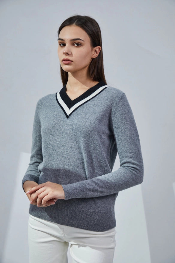 Contrasting V-Neck Cashmere Sweater-Sweater-Pissenlit-Urbanheer