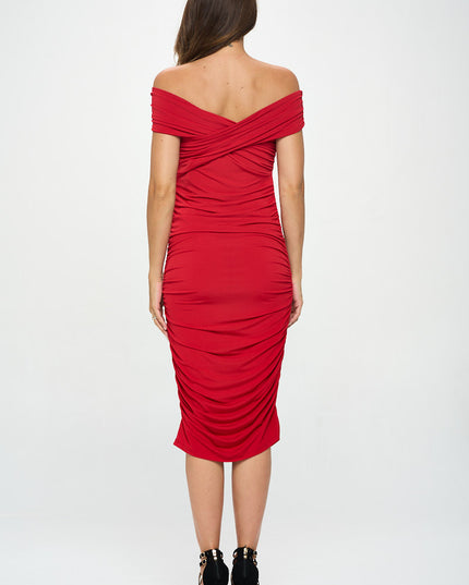 Solid Off Shoulder Midi Bodycon Dress-Renee C.-Urbanheer