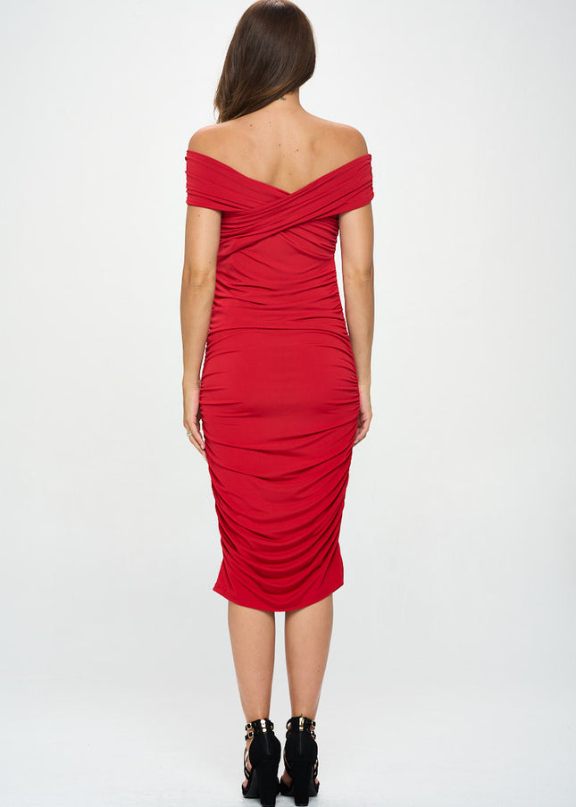 Solid Off Shoulder Midi Bodycon Dress-Renee C.-Urbanheer