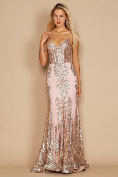 Rose Gold Dylan & Davids Fitted Long Formal Prom Dress-Dylan & Davids-Rose Gold-2-Urbanheer