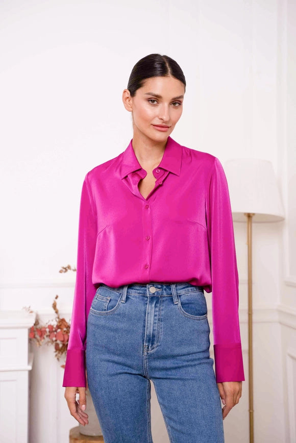 Plain Satin Shirt with Lapel Collar Magenta-SHIRT-Attentif Paris-S-Urbanheer