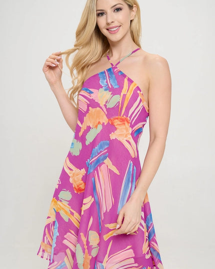 Print Halter Neck Swing Dress Magenta-Dress-Renee C.-Magenta-S-Urbanheer