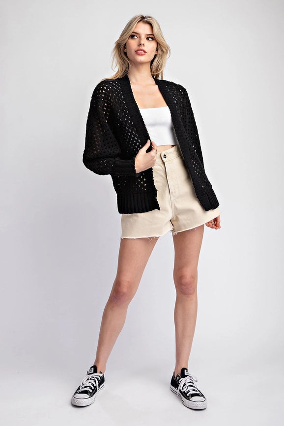 Plus - Long Sleeve Crochet Open Front Cardigan BLACK