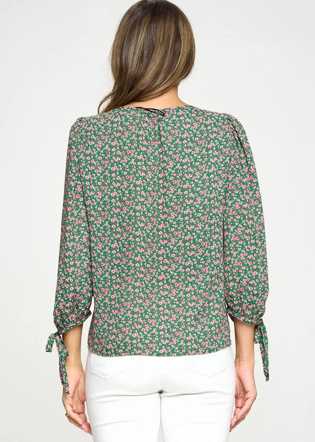 Floral Print Top With Self Tie Sleeves-Renee C.-Urbanheer