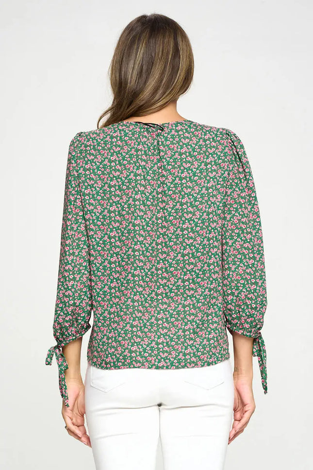 Floral Print Top With Self Tie Sleeves-Renee C.-Urbanheer