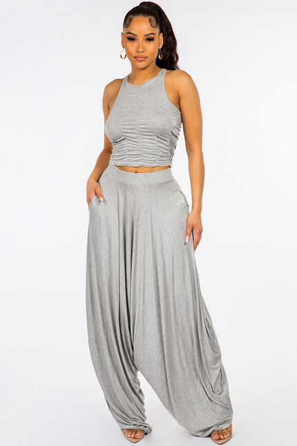 Single Jersey Cropped Ruched Top Set Heather Grey-Sets-LABIJOU-S-Urbanheer