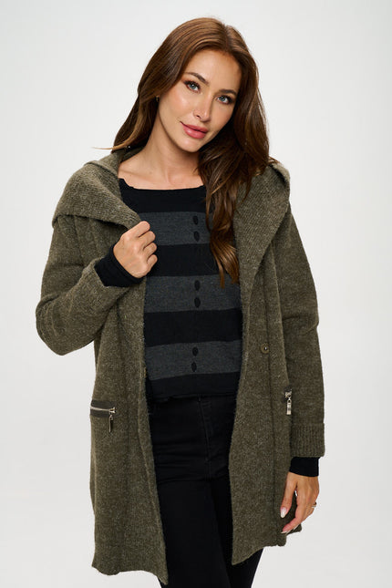 Olive Knit Open Front Cardigan With Hoodie And Zipper Detail-Renee C.-Urbanheer