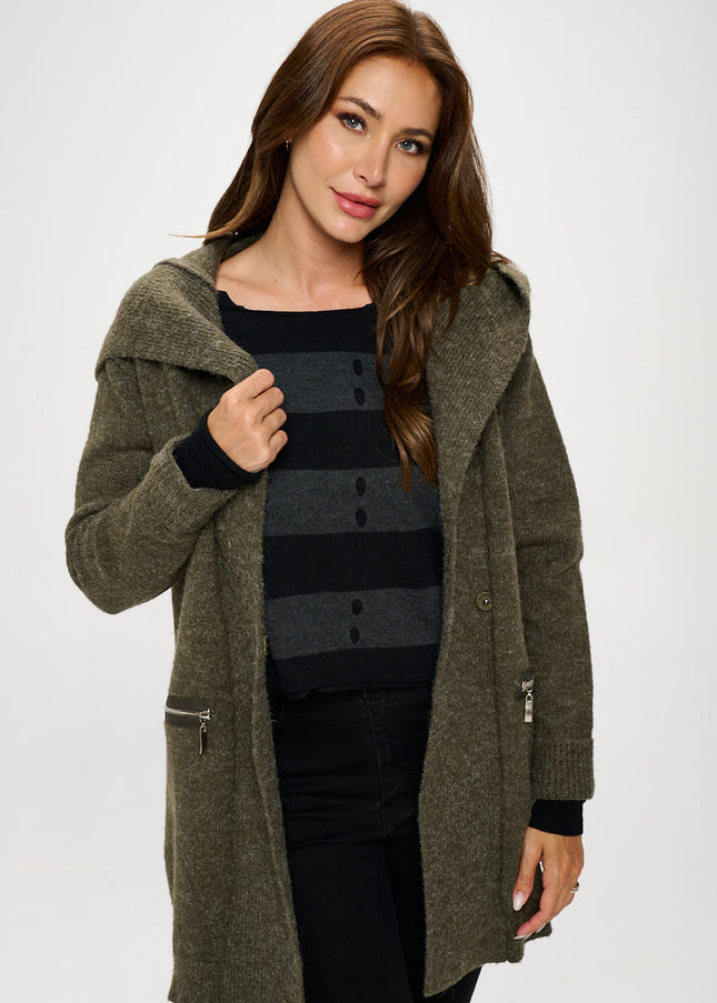 Olive Knit Open Front Cardigan With Hoodie And Zipper Detail-Renee C.-Urbanheer