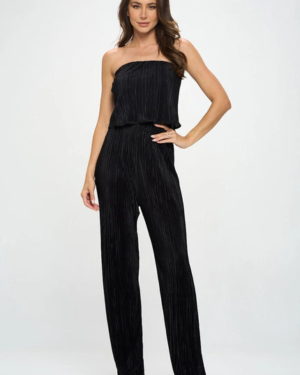 Made in USA Plisse Solid Strapless Straight Leg Jumpsuit-Jumpsuit-Renee C.-Urbanheer