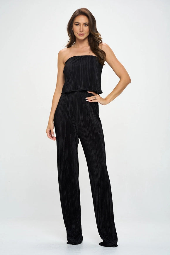 Made in USA Plisse Solid Strapless Straight Leg Jumpsuit-Jumpsuit-Renee C.-Urbanheer