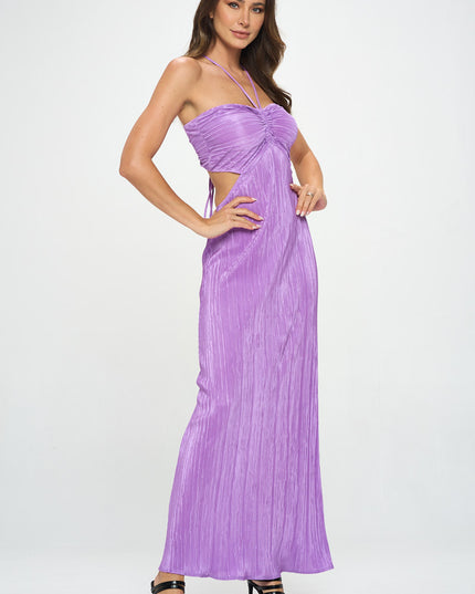 Plisse Halter Neck Maxi Cutout Dress W/ Open Back-Renee C.-Urbanheer