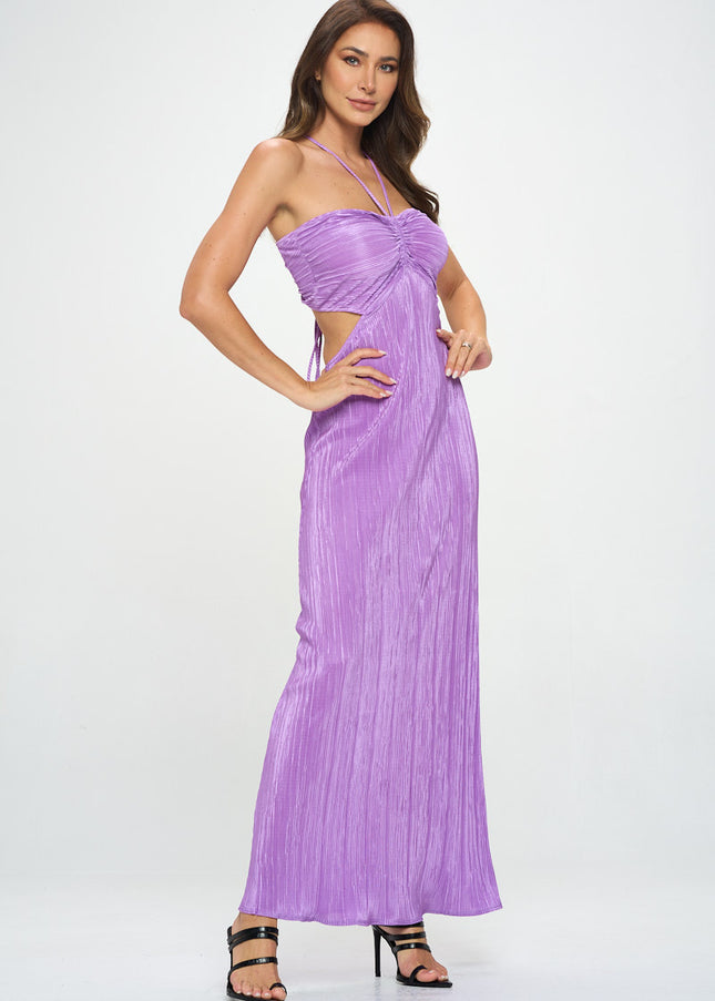 Plisse Halter Neck Maxi Cutout Dress W/ Open Back-Renee C.-Urbanheer