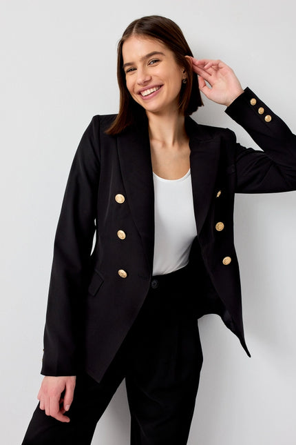 Timeless Fitted Blazer Jacket with Gold Double-Breasted Buttons Black-Jacket-Attentif Paris-Urbanheer