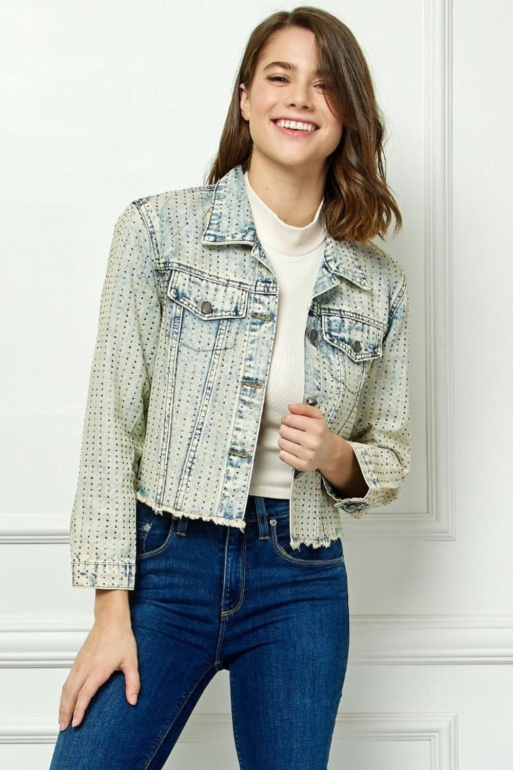 Veveret Multi Color Stripe Rhinestone Raw Hem Denim Jacket-UHX-Urbanheer