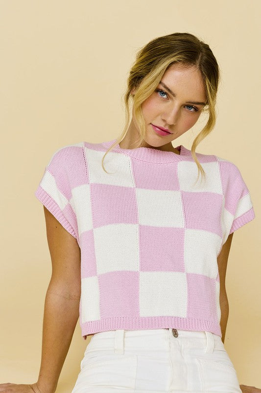 Hannah Loose Fit Checker Knit Top Pink-TOP-Papermoon-Urbanheer