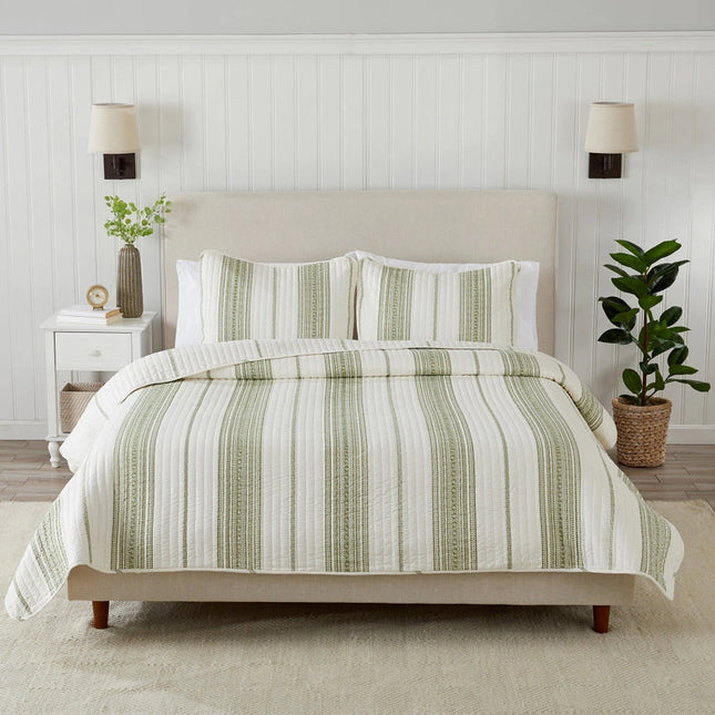 3-Piece Stripe Quilt - Wesley Collection Wesley - White/Green