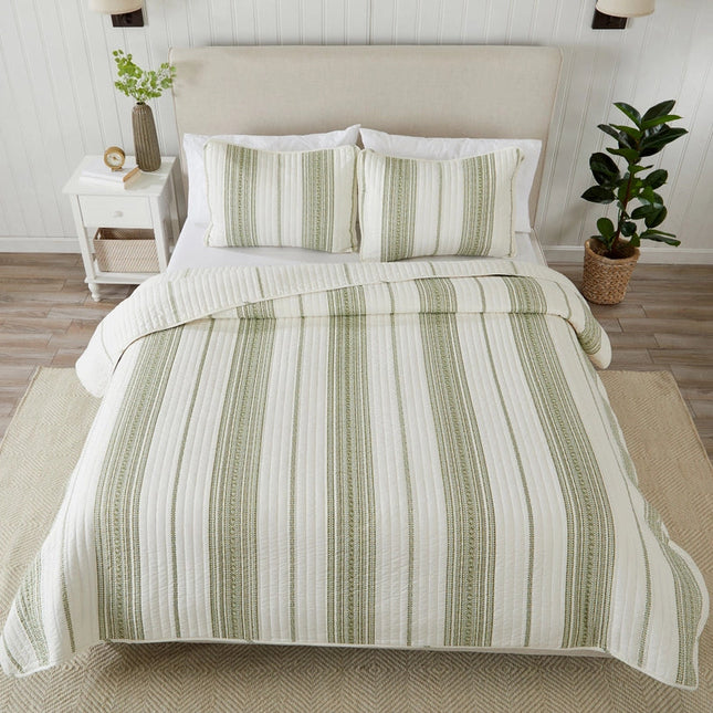 3-Piece Stripe Quilt - Wesley Collection Wesley - White/Green