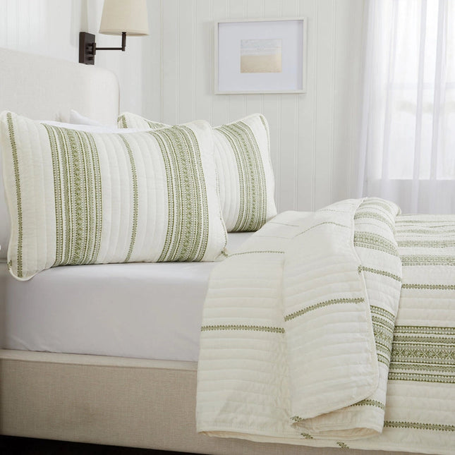 3-Piece Stripe Quilt - Wesley Collection Wesley - White/Green