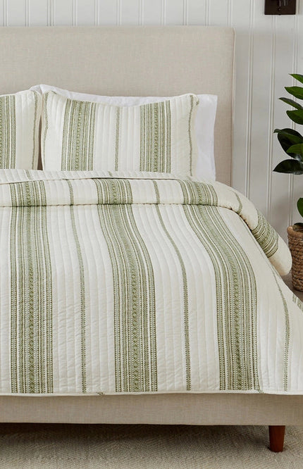 3-Piece Stripe Quilt - Wesley Collection Wesley - White/Green