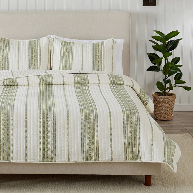 3-Piece Stripe Quilt - Wesley Collection Wesley - White/Green